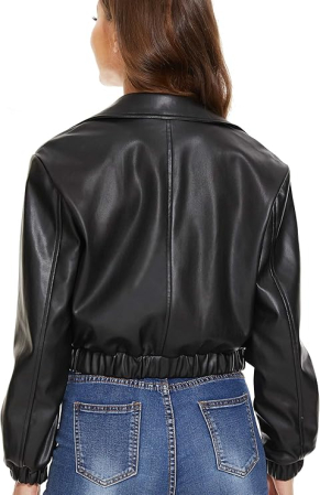 Jachetă Biker din Piele Sintetică pentru Femei - Oversized Scurtă Neagră cu Fermoar XL [5]