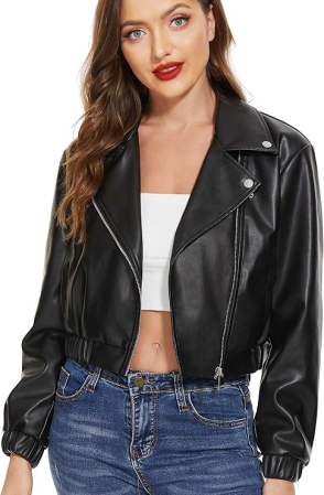 Geci si Veste dama - Jachetă Biker din Piele Sintetică pentru Femei - Oversized Scurtă Neagră cu Fermoar 2XL