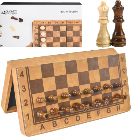 jucarii interactive - Joc de sah pliabil, magnetic, imbracat in piele PU 300x300 mm, piesa de colectie