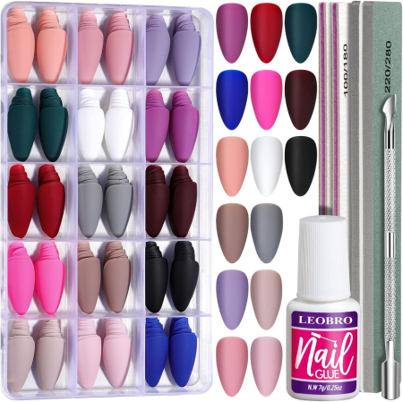 Produse nail art - Unghii false 360 Piese Mate Formă de Migdale cu Lipici pentru Unghii – Multicolor