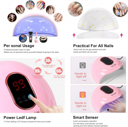 Kit de lac de unghii semi-permanent cu 6 culori și lampa UV 36 W, geluri UV transparente, alb, roz [3]