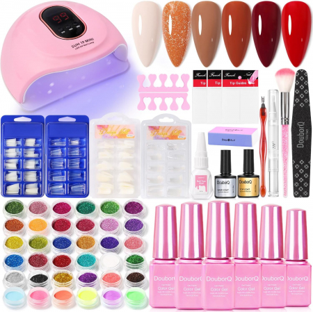 Produse nail art - Kit de lac de unghii semi-permanent cu 6 culori și lampa UV 36 W, geluri UV transparente, alb, roz