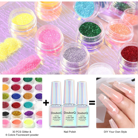 Kit unghii false: lampa UV 60W, 36 bucati pudra de unghii, 6 culori 7 ml lac cu gel si, 400 unghii false [8]