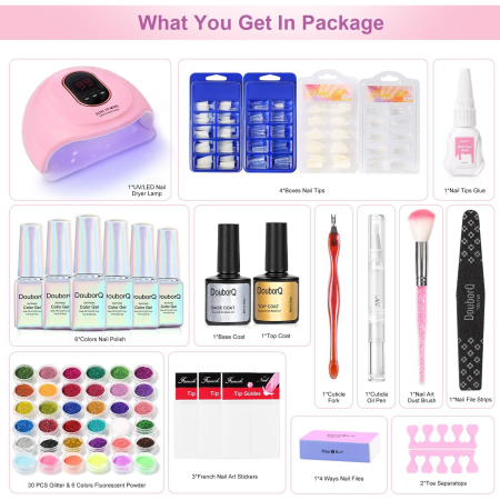 Kit unghii false: lampa UV 60W, 36 bucati pudra de unghii, 6 culori 7 ml lac cu gel si, 400 unghii false [4]