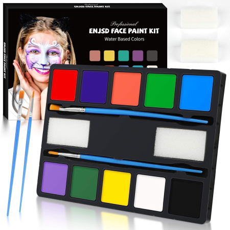 jucarii interactive - Kit de machiaj pentru copii cu 10 culori pe baza de apa, bureti si pensule