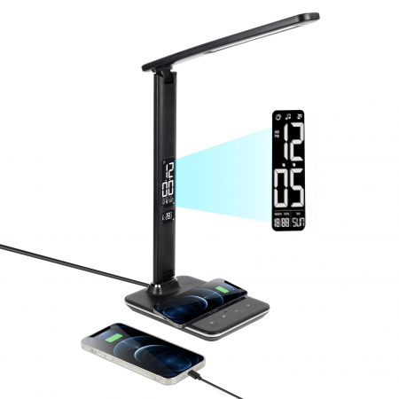 lampi de masa - Lampa LED de birou cu afisaj ceas, termometru, calendar si incarcare telefon wireless negru
