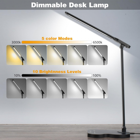 Lampa de birou LED cu control tactil, intensitate reglabilă, funcție de încărcare USB, 5 moduri de culoare și 10 niveluri de luminozitate, temporizator de 45 de minute [1]