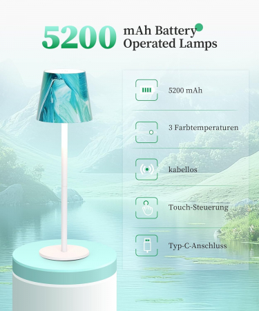 Lampă de masă wireless, reîncărcabilă, reglabilă, impermeabilă IP54, tactilă LED cu 3 moduri de culoare, (verde și alb) [1]