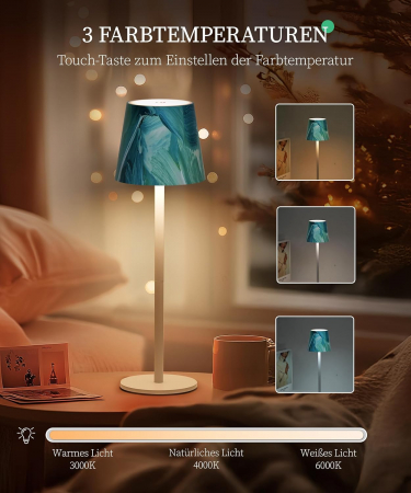 Lampă de masă wireless, reîncărcabilă, reglabilă, impermeabilă IP54, tactilă LED cu 3 moduri de culoare, (verde și alb) [4]