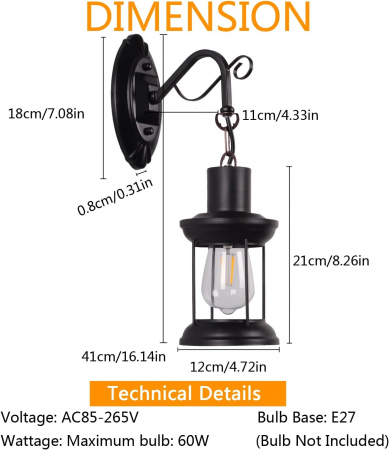 Lampa de perete din metal in stil retro, 60W, soclu E27 [4]