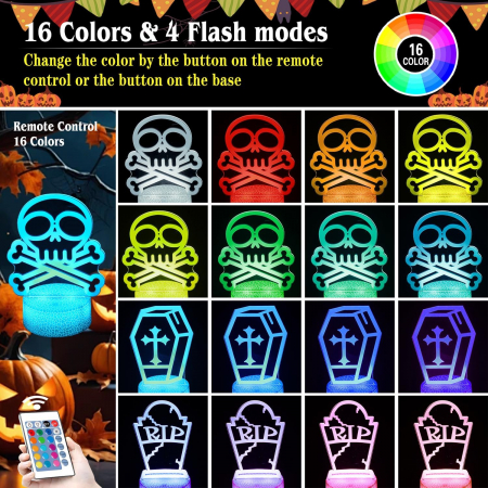 Lampa de veghe 3D Craniu, 16 culori, telecomanda, alimentare USB sau baterii, 3 imagini [1]