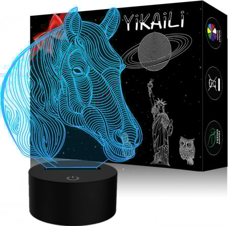 lampi de veghe - Lampa de veghe 3D Cal, 7 culori, alimentare USB, comenzi prin atingere