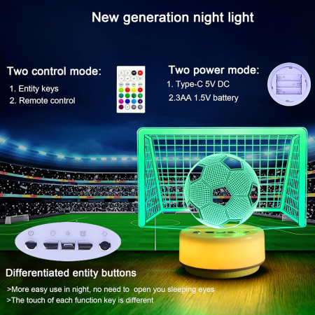 Lampa de veghe 3D Fotbal 14 culori, 5 nivele lumina, temporizator, telecomanda [6]