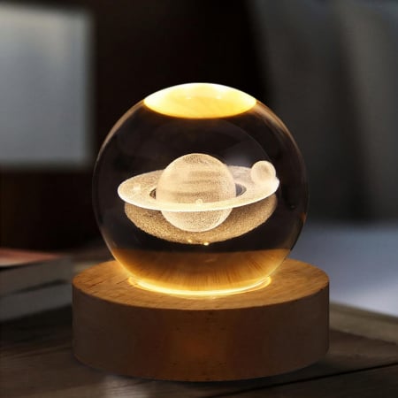 lampi de veghe - Lampa de veghe LED cu bila cristal 3D 60 mm si suport din lemn