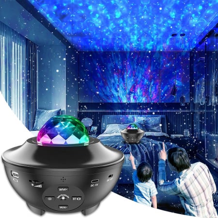 lampi de veghe - Proiector LED cu cer înstelat, cu valuri de apă rotative, cu telecomandă, player muzical cu Bluetooth