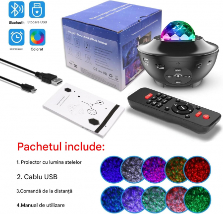 Proiector LED cu cer înstelat, cu valuri de apă rotative, cu telecomandă, player muzical cu Bluetooth [7]