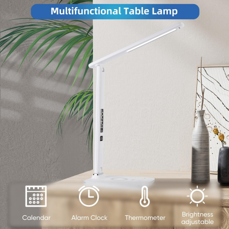 Lampa LED de birou cu afisaj ceas, termometru, calendar si incarcare telefon wireless alb [3]
