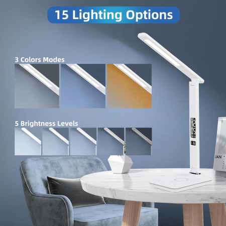 Lampa LED de birou cu afisaj ceas, termometru, calendar si incarcare telefon wireless alb [1]
