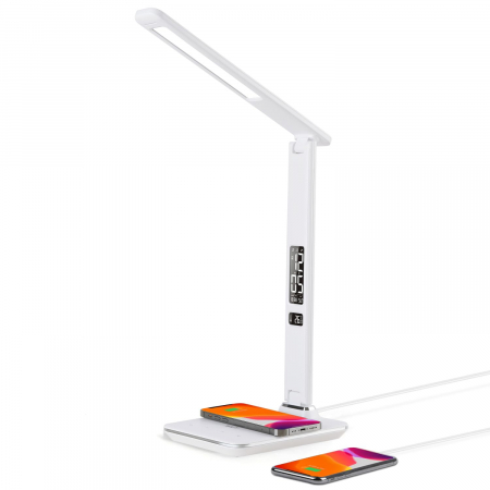 lampi de masa - Lampa LED de birou cu afisaj ceas, termometru, calendar si incarcare telefon wireless alb