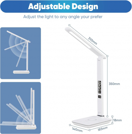 Lampa LED de birou cu afisaj ceas, termometru, calendar si incarcare telefon wireless alb [5]