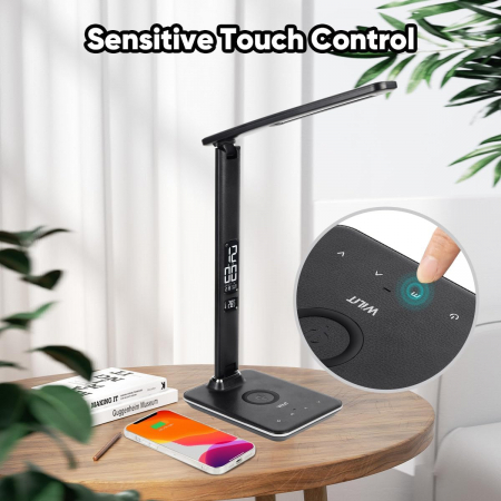 Lampa LED de birou cu afisaj ceas, termometru, calendar si incarcare telefon wireless negru [3]