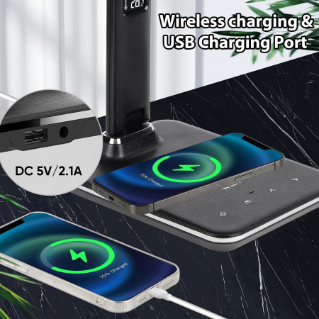 Lampa LED de birou cu afisaj ceas, termometru, calendar si incarcare telefon wireless negru [2]