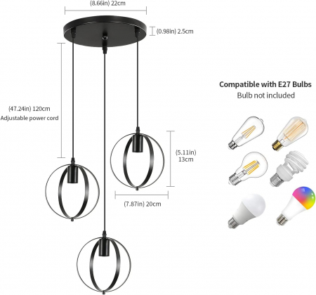 Lampa neagra, suspendata, din metal, cu 3 becuri E27 [6]