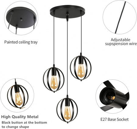 Lampa neagra, suspendata, din metal, cu 3 becuri E27 [5]