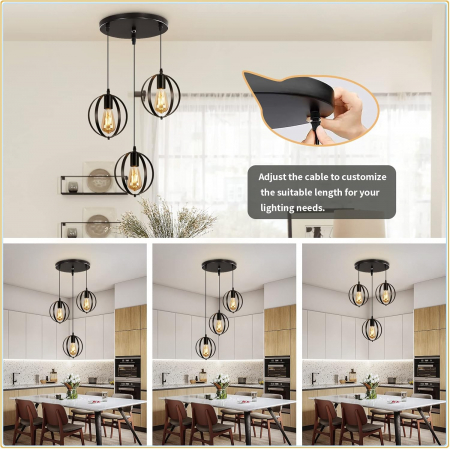 Lampa neagra, suspendata, din metal, cu 3 becuri E27 [4]