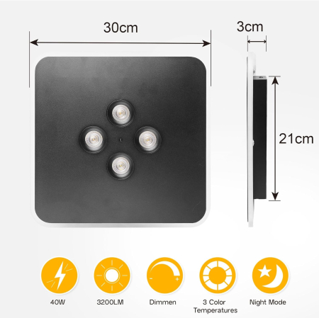 Lampa plafon LED 40W,intensitate reglabilă și telecomandă, pătrată neagră, 3000K-6500K [4]