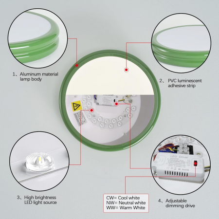 Lampa plafon LED 24W 30cm, IP20, lumina 3 culori, rama aluminiu verde [5]