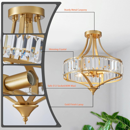 Plafonieră decorativa cu Cristale, 4 x E12, Max. 40W, Stil Elegant Vintage [5]