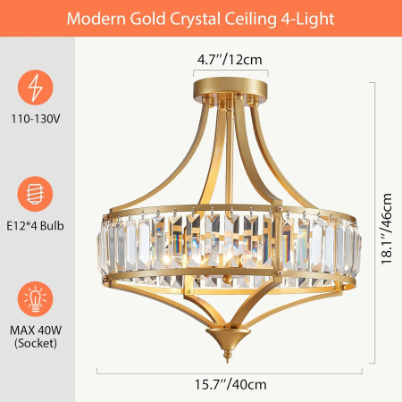 Plafonieră decorativa cu Cristale, 4 x E12, Max. 40W, Stil Elegant Vintage [3]