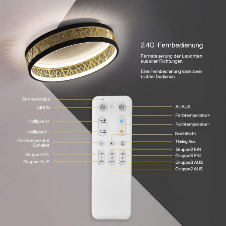 Lampa plafon rotunda, cu LED si telecomanda, 3200Lm, 38W, 3000-6000K 52 x 52 x 12 cm [2]