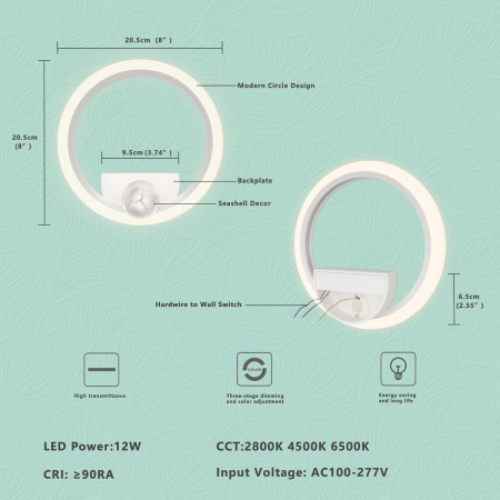Lampa rotunda de perete din acril de 12W, 1080LM, cu 3 temperaturi de culoare (2700K-6500K) [6]