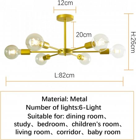 Lampa suspendata aurie din metal, cu 6 brate, bec E27 [2]