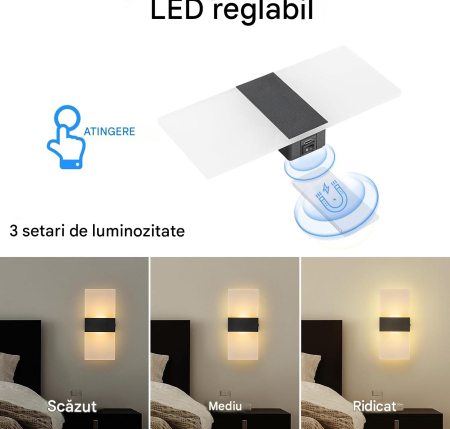 Set 2 Lămpi de Perete LED cu Touch – Lumină Alb Cald, 3 Niveluri de Intensitate, Baterie 4000 mAh, Fără Fir [1]
