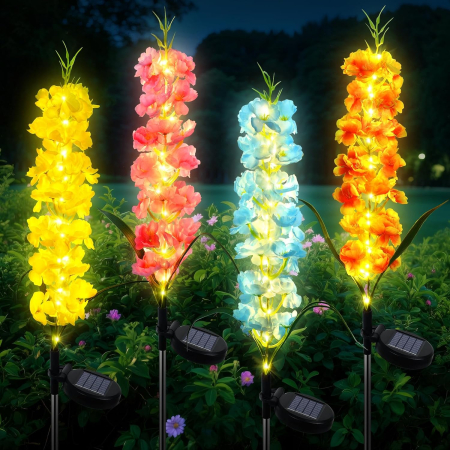 LAMPI SOLARE - Set 4 Lămpi Solare pentru Grădină, Flori Tip Zambilă, LED Multicolore, 2 Moduri Iluminare, IP65, Decor Exterior