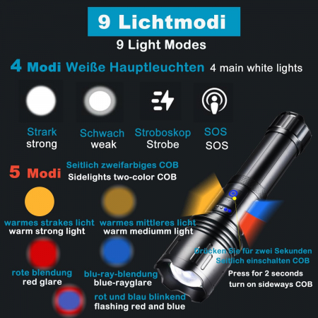 Lanternă tactică LED 50000 lumeni, reîncărcabilă USB și impermeabilă IPX67, extrem de luminoasă, 10 moduri de iluminare, pentru camping și iluminat de acasă [5]