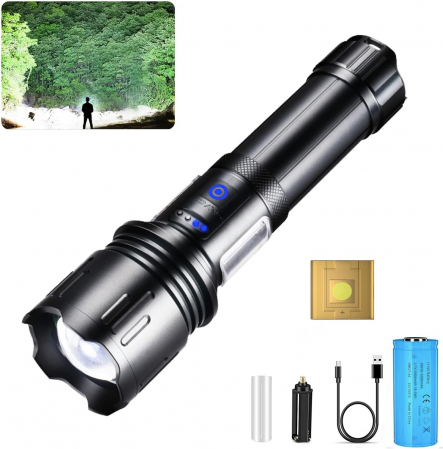 ILUMINAT - Lanternă tactică LED 50000 lumeni, reîncărcabilă USB și impermeabilă IPX67, extrem de luminoasă, 10 moduri de iluminare, pentru camping și iluminat de acasă