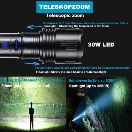 Lanternă tactică LED 50000 lumeni, reîncărcabilă USB și impermeabilă IPX67, extrem de luminoasă, 10 moduri de iluminare, pentru camping și iluminat de acasă [3]