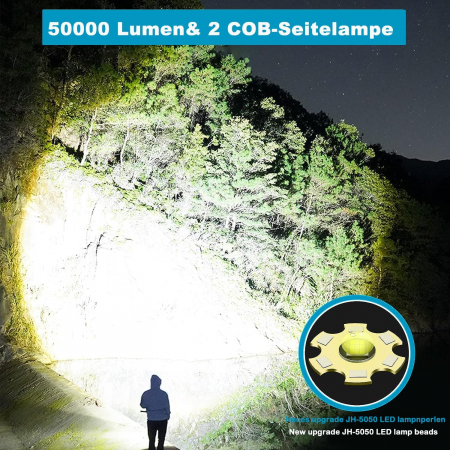 Lanternă tactică LED 50000 lumeni, reîncărcabilă USB și impermeabilă IPX67, extrem de luminoasă, 10 moduri de iluminare, pentru camping și iluminat de acasă [6]