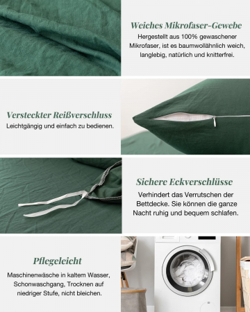 Lenjerie de pat 135x200 cm 4 bucati, perni 80x80 cm, certificat OekoTex potrivit pentru persoanele alergice, verde inchis cu fermoar [5]