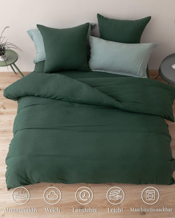 Lenjerie de pat 135x200 cm 4 bucati, perni 80x80 cm, certificat OekoTex potrivit pentru persoanele alergice, verde inchis cu fermoar [1]