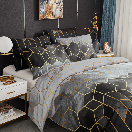 Lenjerie de pat 220x240 si 2*80x80 din microfibra, reversibila, GRI cu model geometric [3]