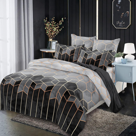 lenjerie pat - Lenjerie de pat 220x240 si 2*80x80 din microfibra, reversibila, GRI cu model geometric