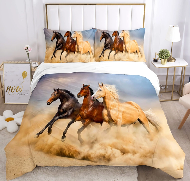 lenjerie pat - Lenjerie de pat cu cai din 3 piese, husa pilota 240x220 cm si 2 fete perini 50 x 75