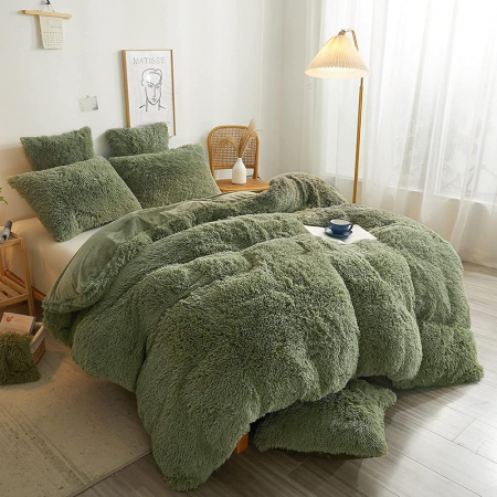 lenjerie pat - Lenjerie de pat cu fermoar 135x200 plush, verde- set 2 x 135 x 200 2 x 80 x 80 cm