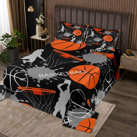 lenjerie pat - Lenjerie de pat cu model 3D baschet, husa pilota 240x220 cm, 2 fete perini 50x75 cm