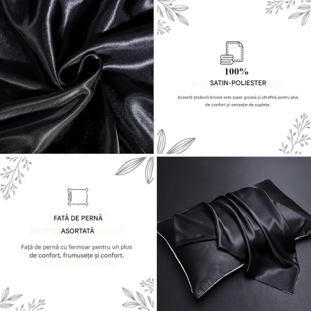 Lenjerie de pat din satin negru, husa pilota 220x240 cm, 2 fete perini 65x65 cm [4]